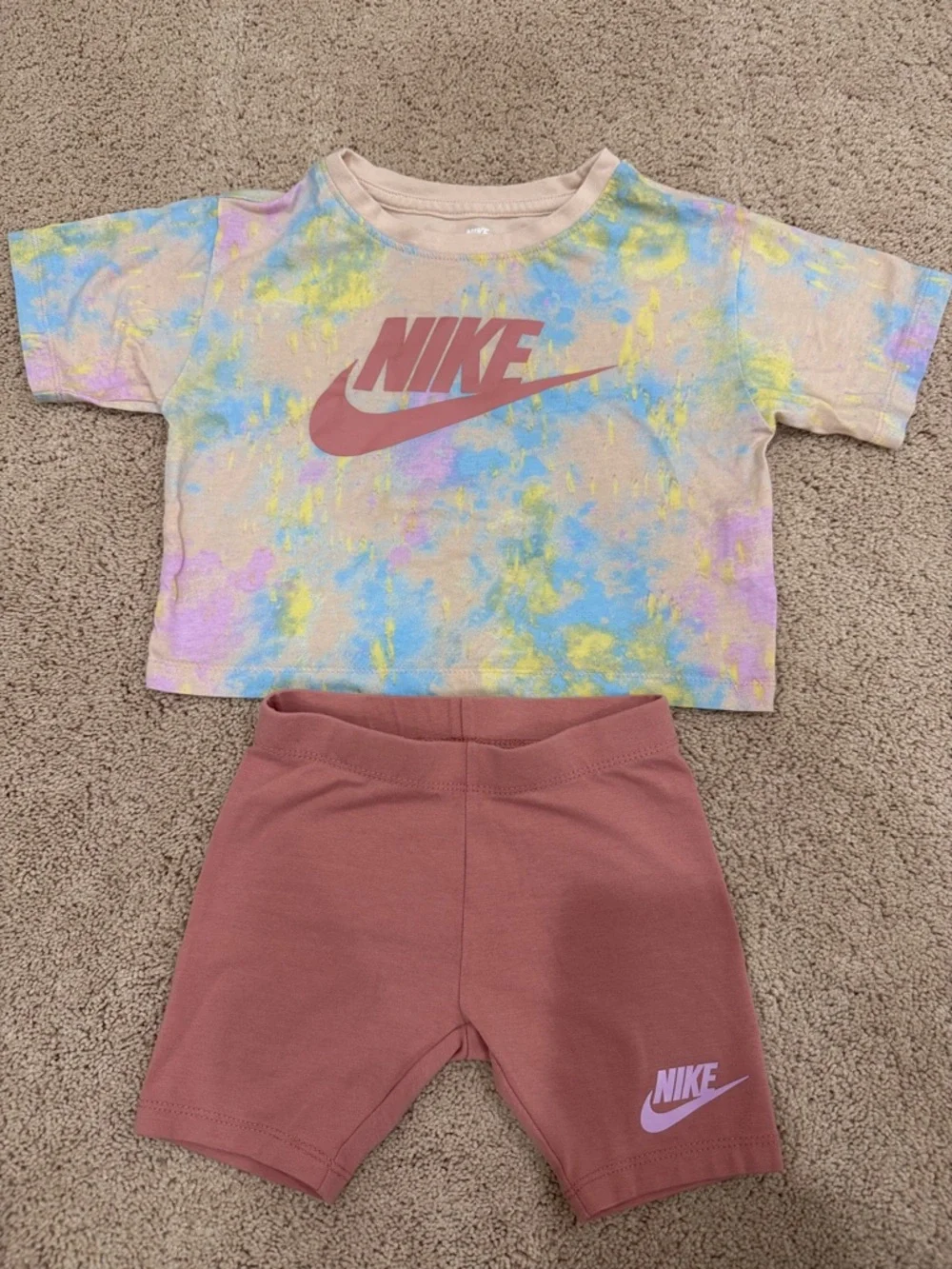 Nike Pastel Tie-Dye Crop Tee with Mauve Bike Shorts - Picture 1 of 5